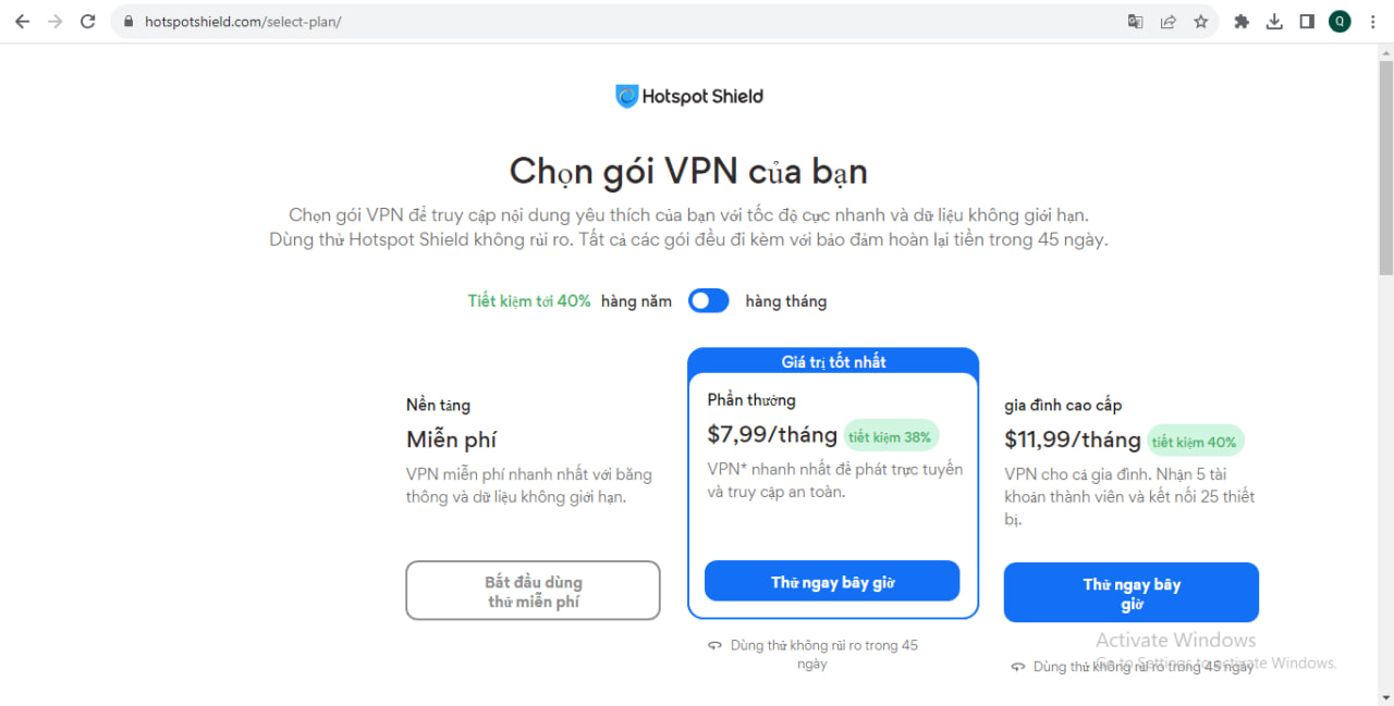 Gói dịch vụ trả phí và tính phí hiện nay của Hotspot Shield