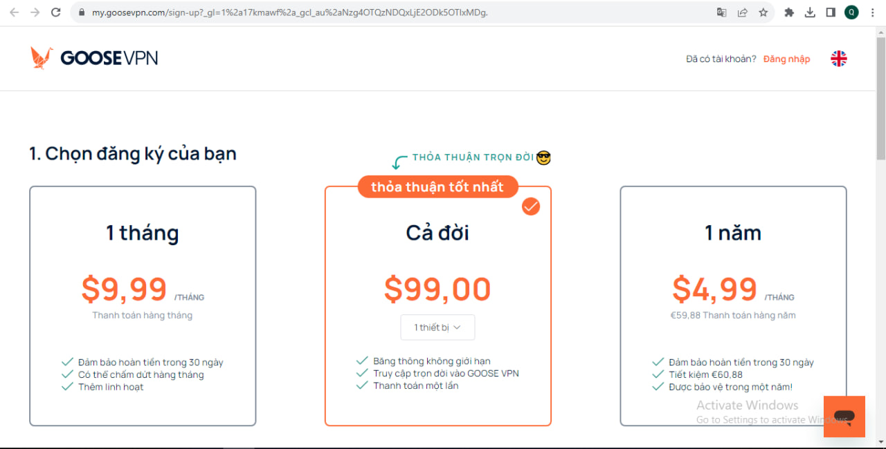 mua gói dịch vụ Goosevpn tại trang web chính thức