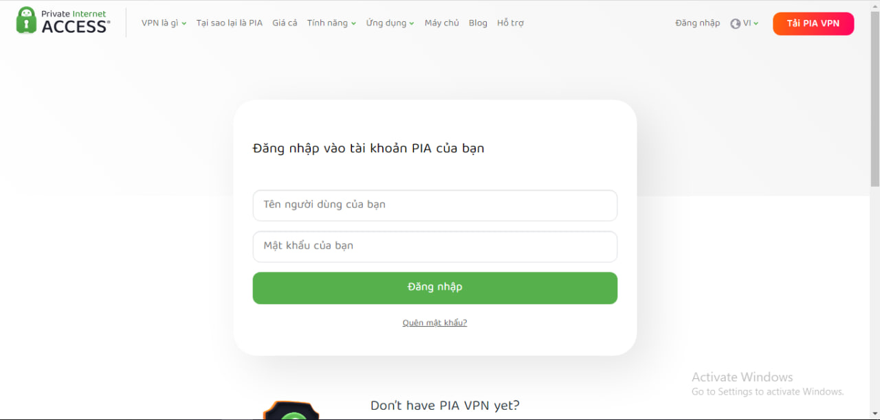 Thực hiện đăng nhập ứng dụng PIA VPN